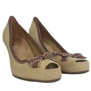 AEROSOLES Benefit Women 10W Rattan Woven Tan Brown Polka Dot Bow Platform Heel